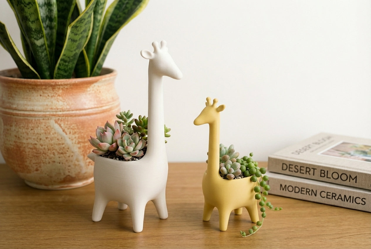Two giraffe-shaped planters with succulents on a wooden surface next to a potted plant and books.