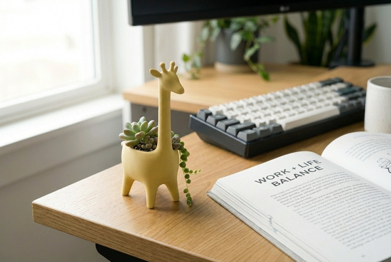 Giraffe-shaped plant pot on a desk with a book and a keyboard.