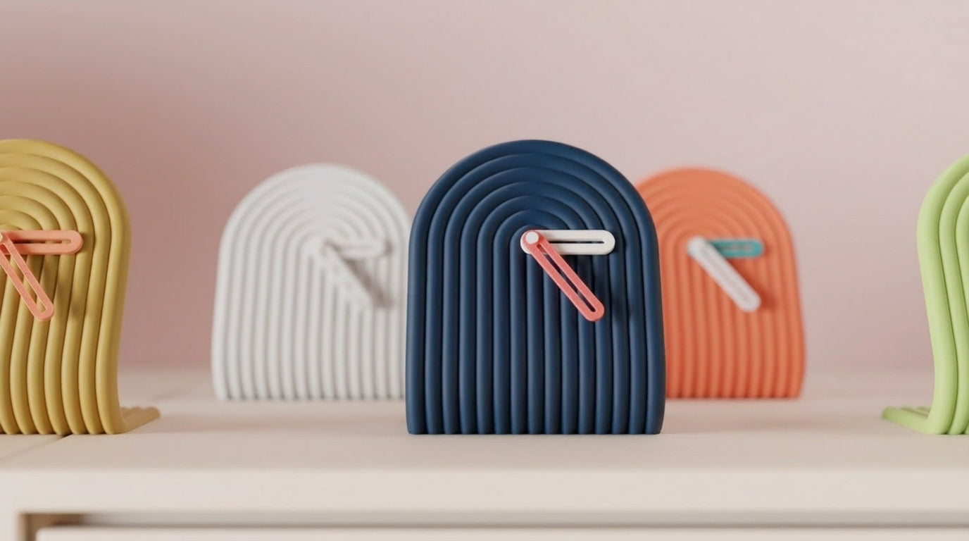 Set of colorful 3D clocks on a light surface with a plain background